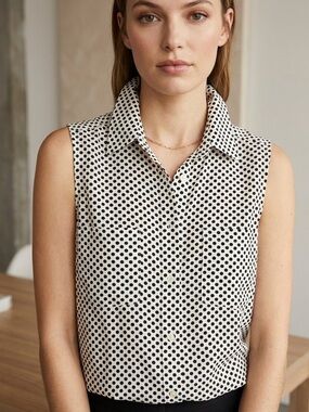 Express Black & White Polka Dot Sleeveless Button-Up Blouse